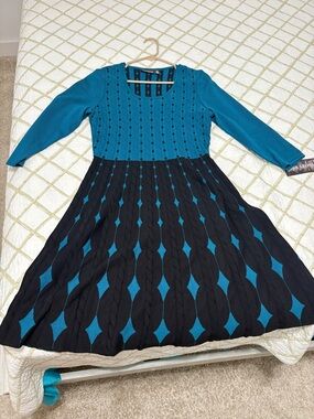 Teal and Black Patterned Fit-and-Flare Sweater Dress